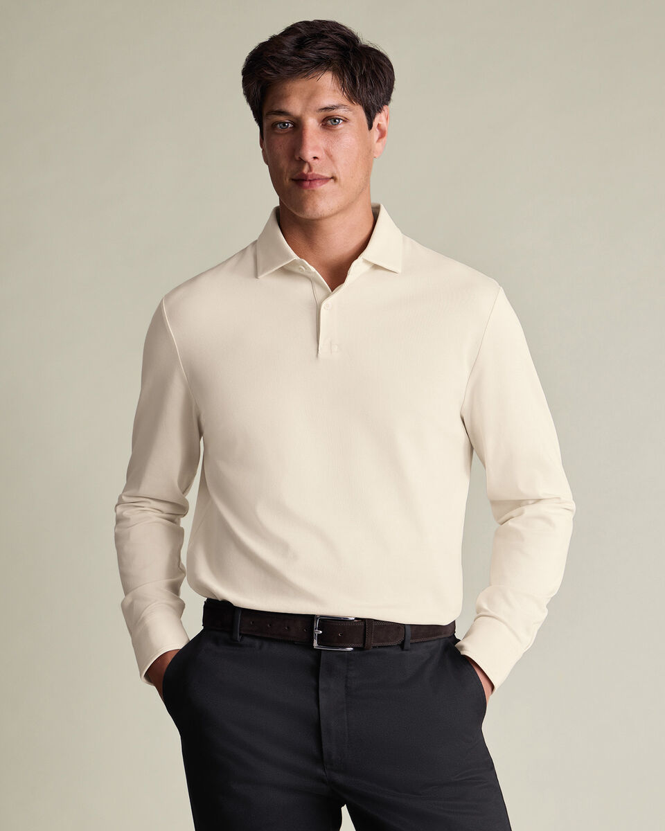 Long Sleeve Smart Pique Polo - Cream