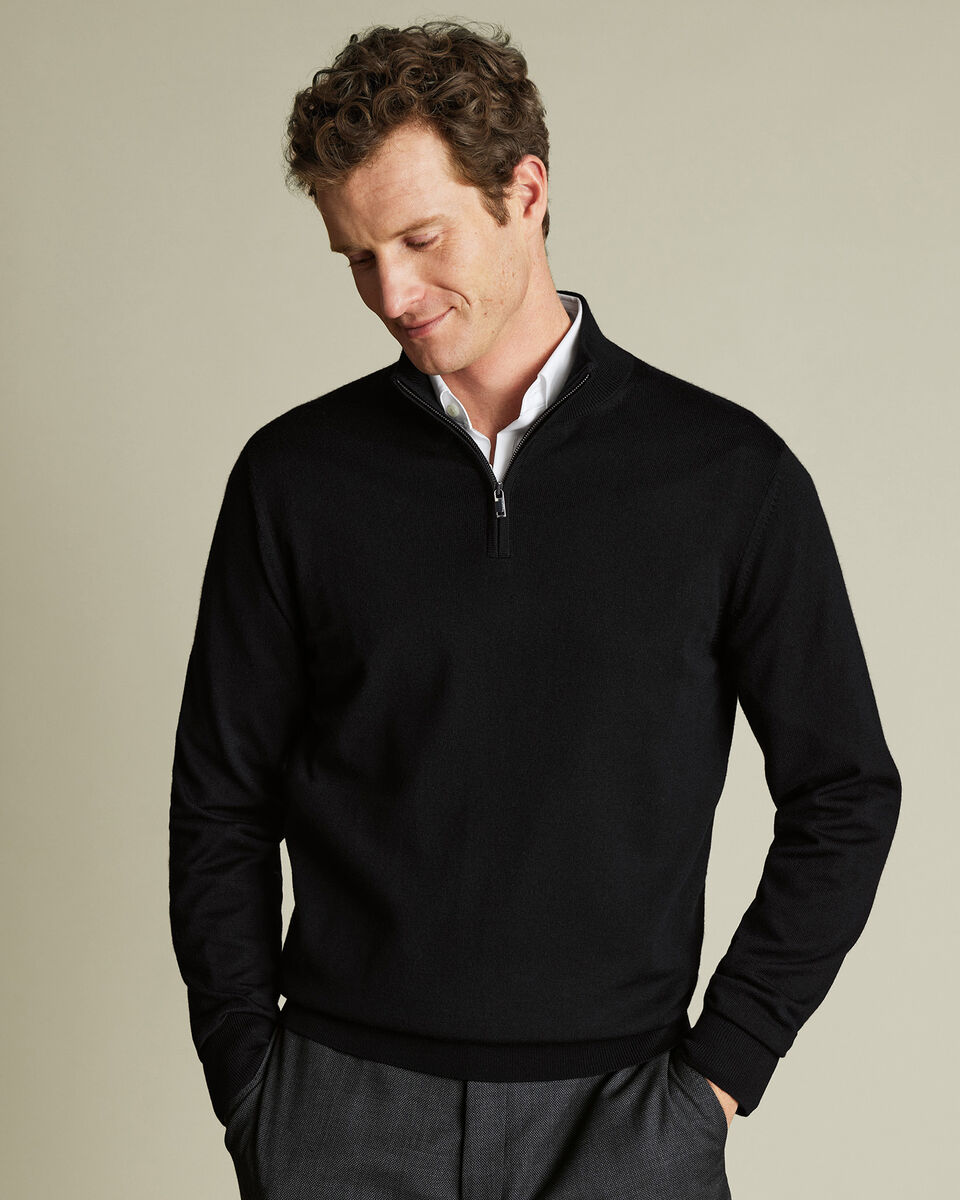 Pure Merino Quarter Zip Jumper - Black