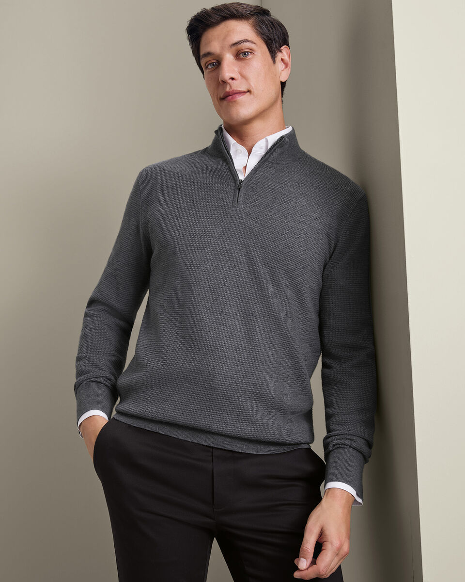 Pure Merino Textured Quarter Zip Jumper - Grey