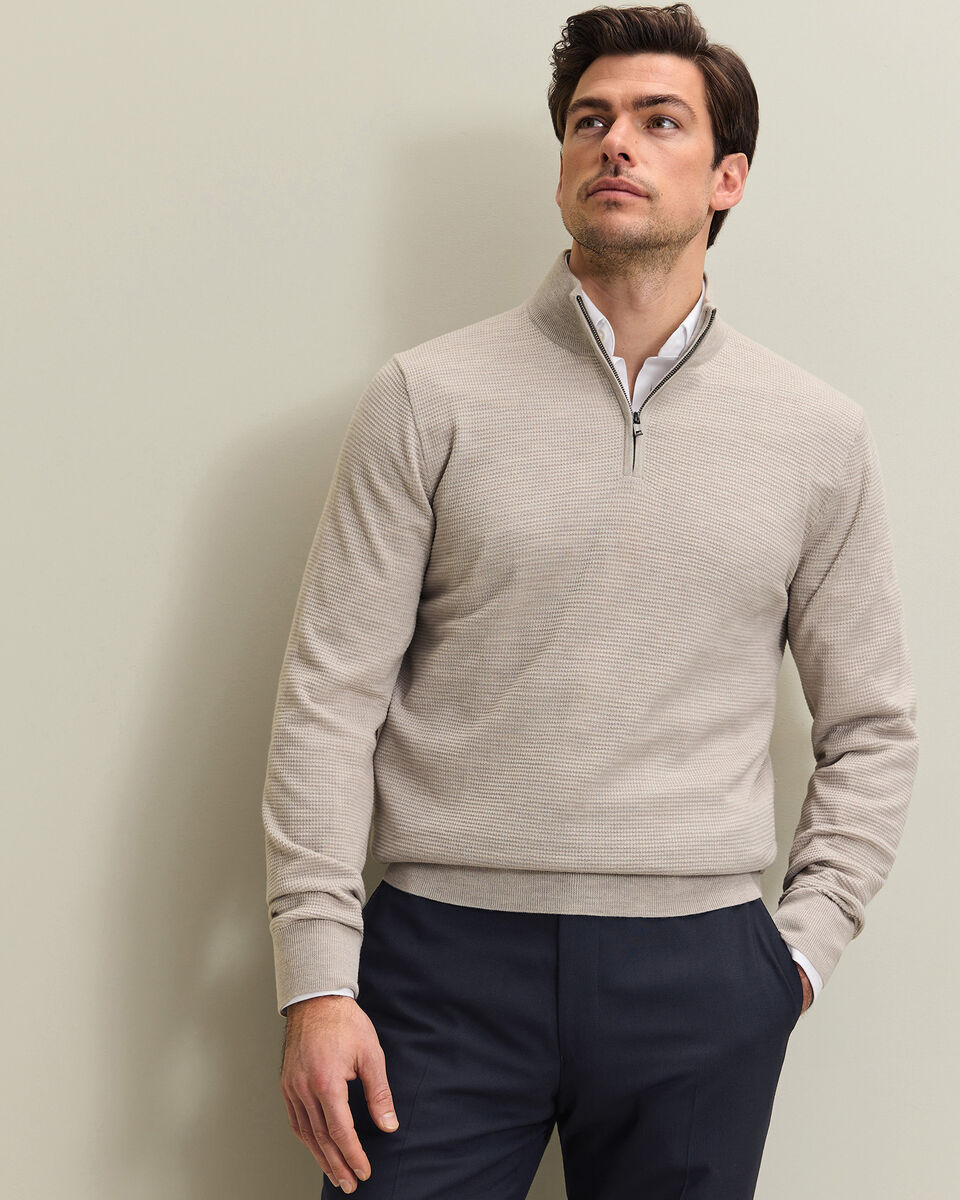 Pure Merino Textured Quarter Zip Jumper - Limestone