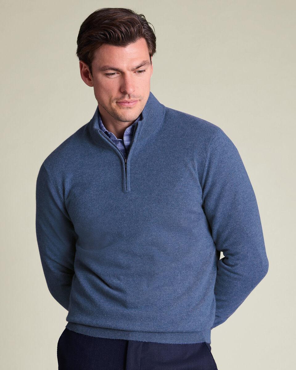 Pure Cashmere Quarter Zip Jumper - Denim Blue