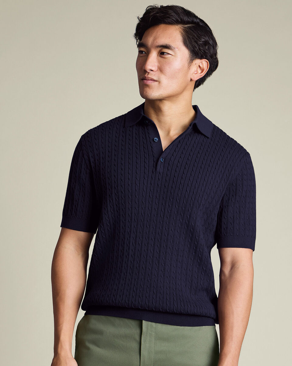 Cotton Cable Knitted Polo – Indigo Blue Details