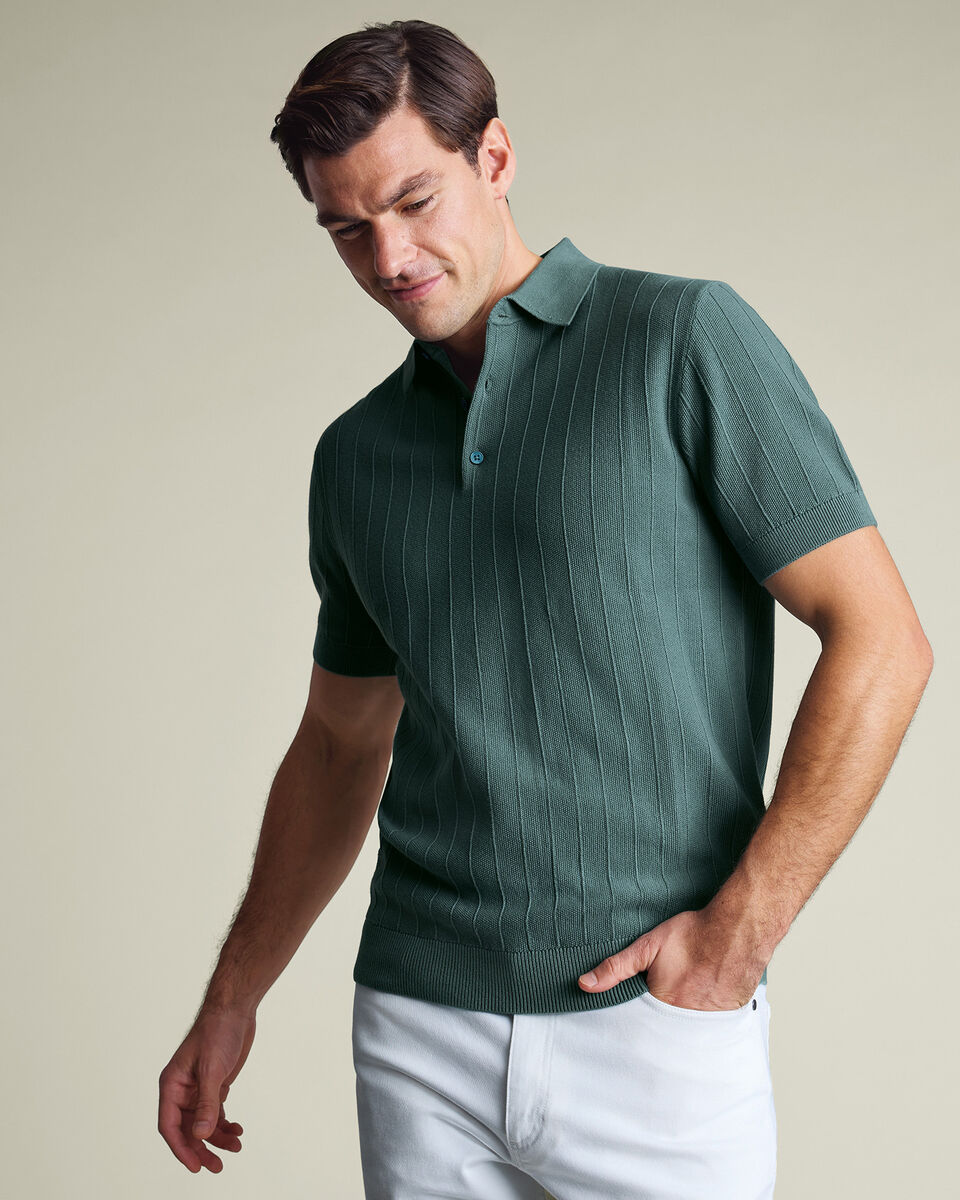 Cotton Stripe Texture Knitted Polo – Teal