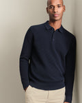 Cotton long sleeve textured knitted polo-Navy blue