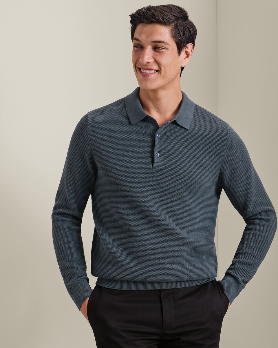 Long Sleeve Cotton Textured Knitted Polo - Petrol Blue