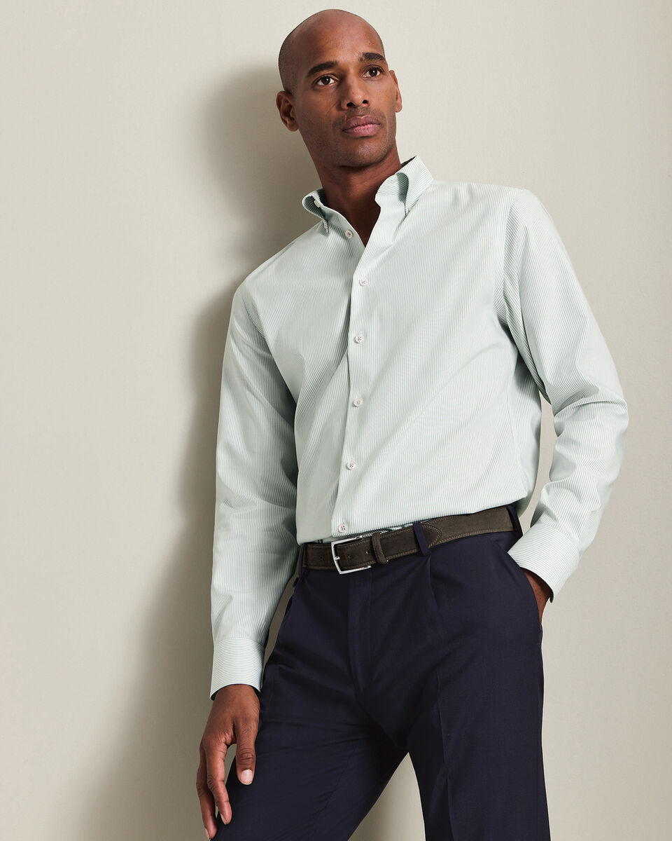 Non-Iron Stretch Pinpoint Oxford Stripe Shirt - Mid Green